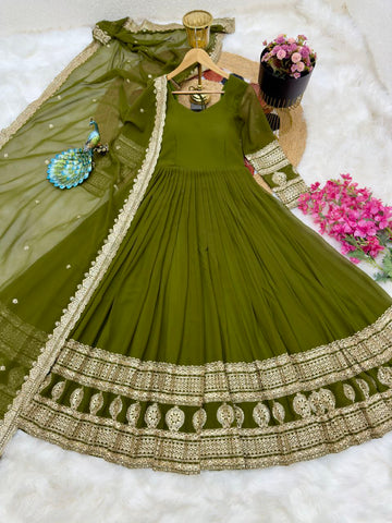 Mehendi Function Wear Embroidery Work Long Gown