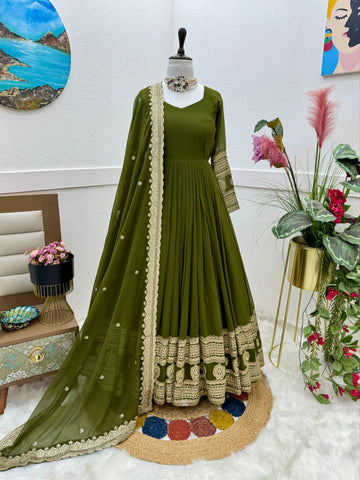 Mehendi Function Wear Embroidery Work Long Gown