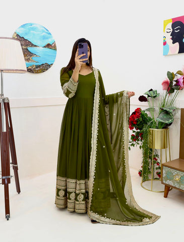 Mehendi Function Wear Embroidery Work Long Gown