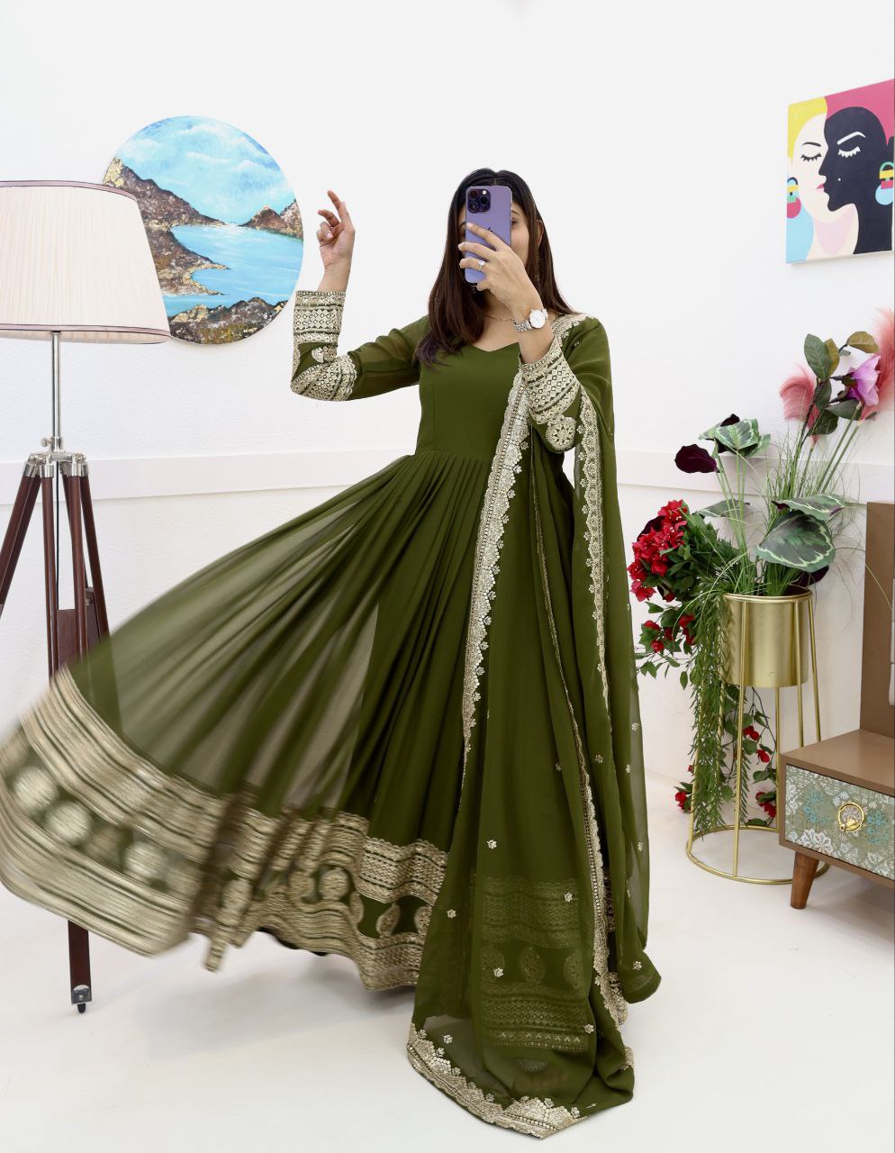 Mehendi Function Wear Embroidery Work Long Gown
