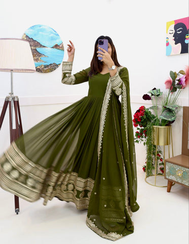 Mehendi Function Wear Embroidery Work Long Gown