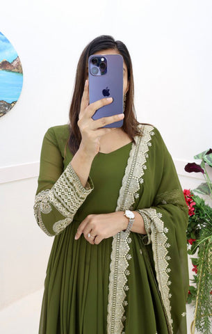 Mehendi Function Wear Embroidery Work Long Gown