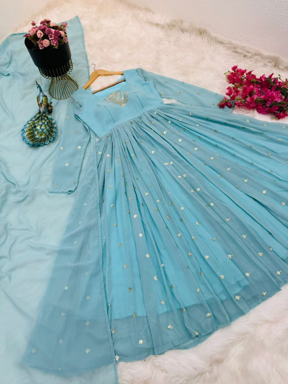 Fabulous Sky Blue Sequence Work Anarkali Gown