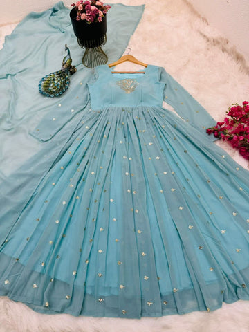 Fabulous Sky Blue Sequence Work Anarkali Gown