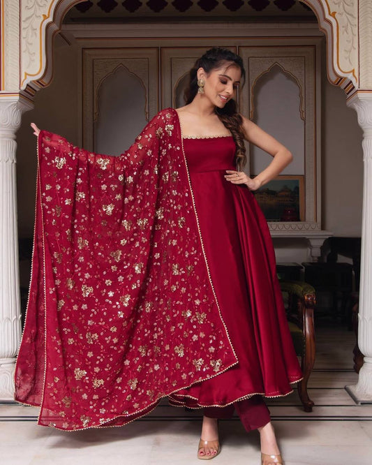 Maroon Color Plain Gown With Sequence Work Dupatta