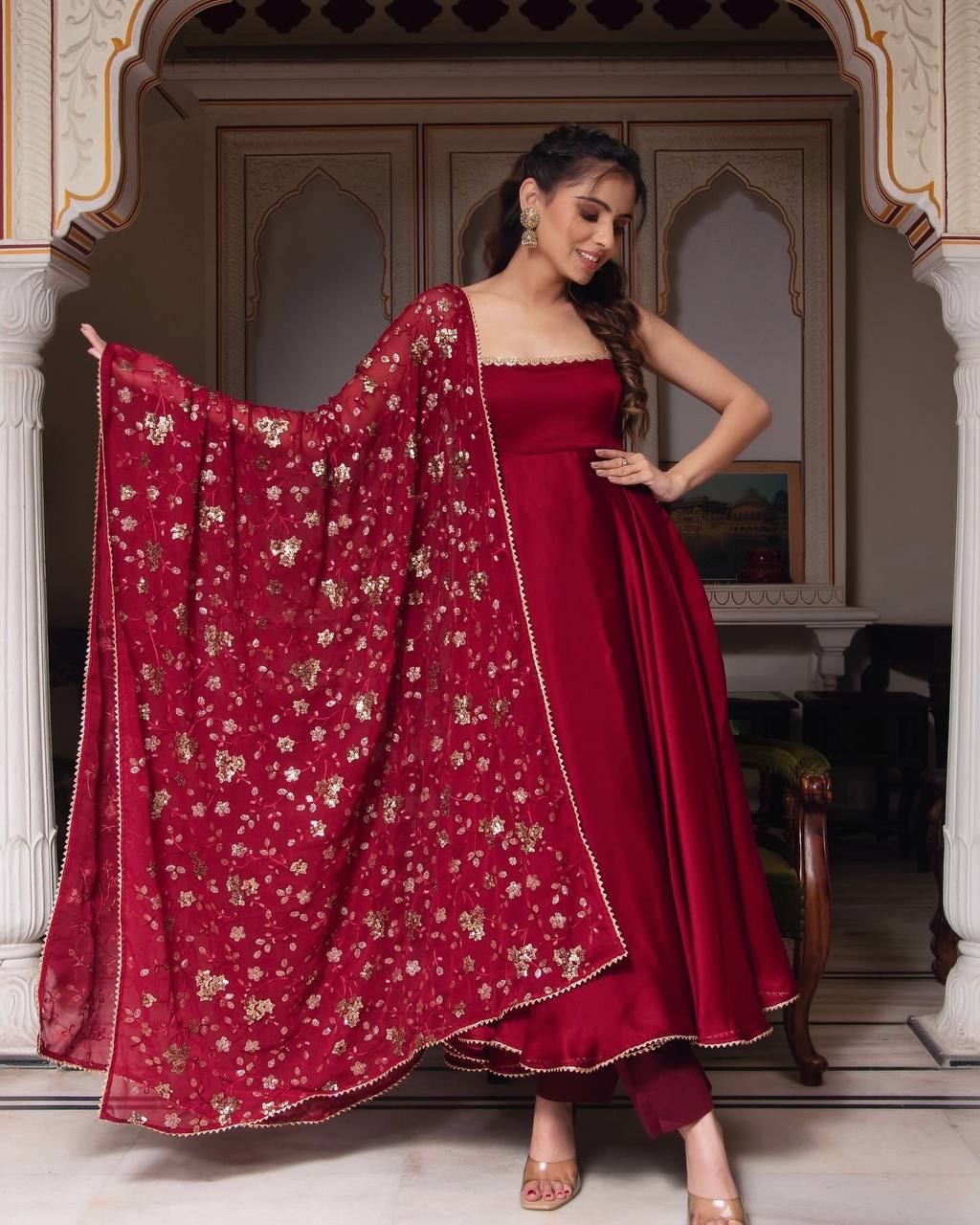 Maroon Color Plain Gown With Sequence Work Dupatta
