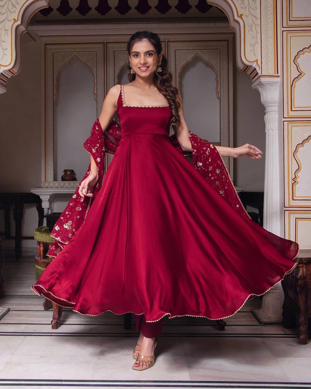 Maroon Color Plain Gown With Sequence Work Dupatta
