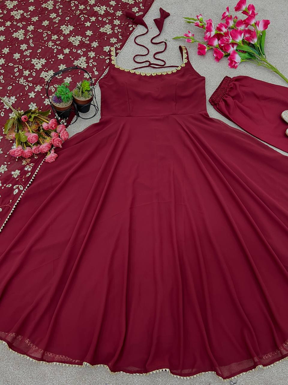 Maroon Color Plain Gown With Sequence Work Dupatta