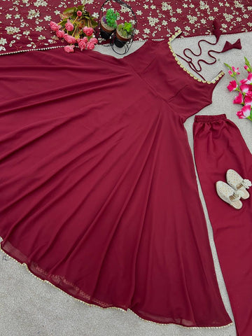 Maroon Color Plain Gown With Sequence Work Dupatta
