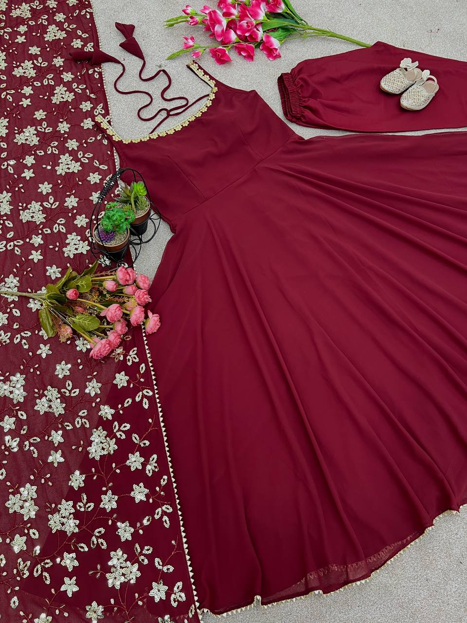Maroon Color Plain Gown With Sequence Work Dupatta
