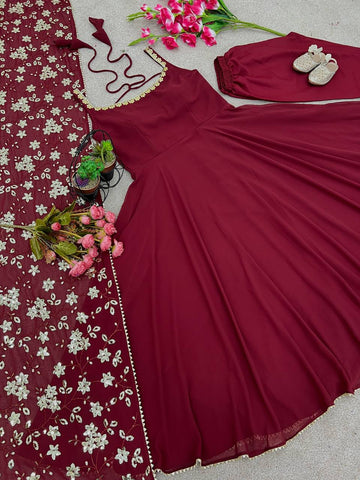 Maroon Color Plain Gown With Sequence Work Dupatta