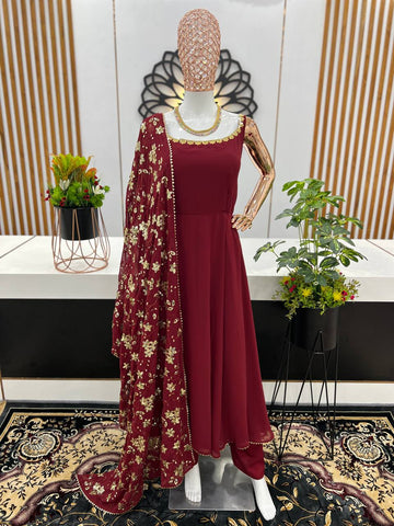 Maroon Color Plain Gown With Sequence Work Dupatta