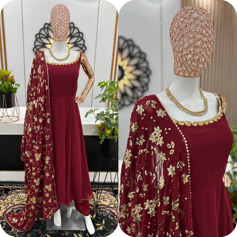 Maroon Color Plain Gown With Sequence Work Dupatta
