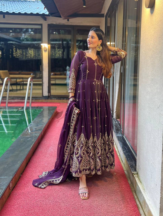Innovative Purple Color Embroidered Gown