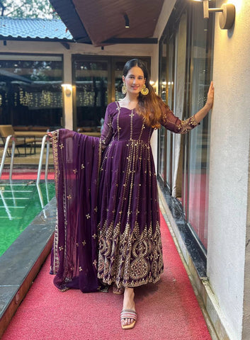 Innovative Purple Color Embroidered Gown