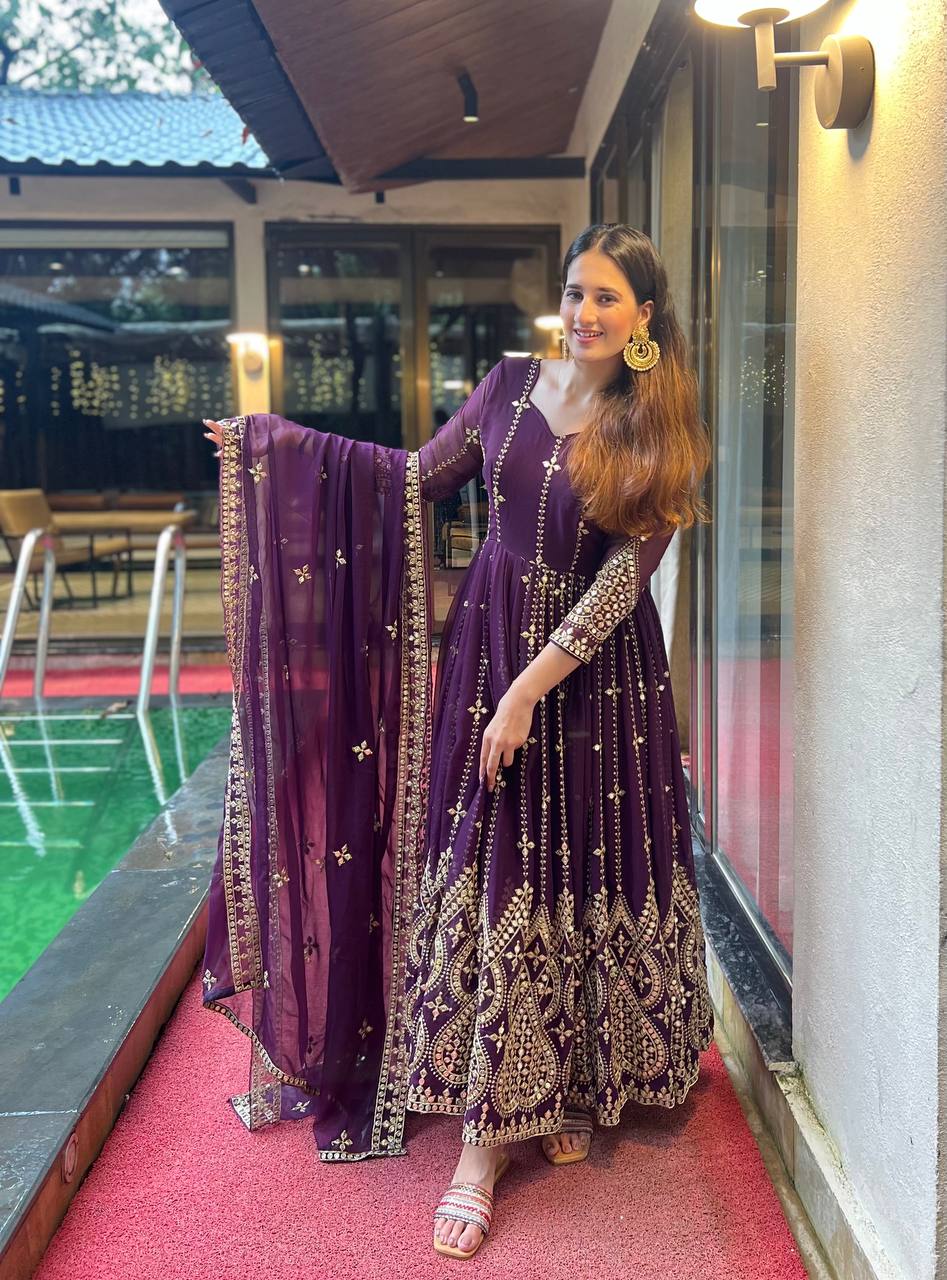 Innovative Purple Color Embroidered Gown