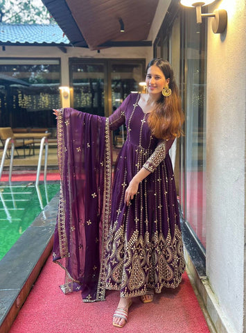 Innovative Purple Color Embroidered Gown