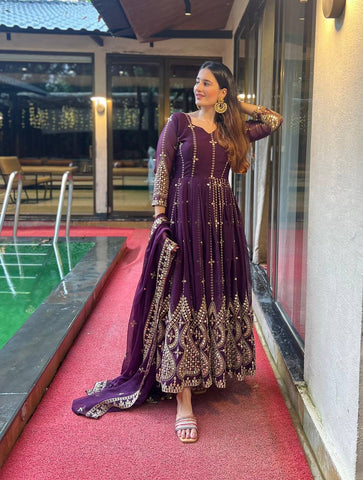 Innovative Purple Color Embroidered Gown