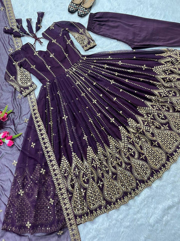 Innovative Purple Color Embroidered Gown