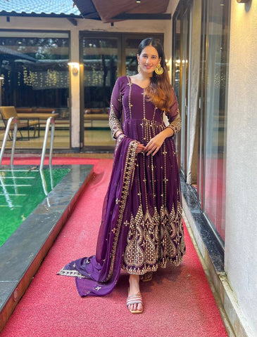 Innovative Purple Color Embroidered Gown