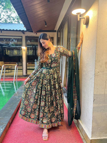 Terrific Green Color Heavy Embroidery Sequence Work Gown