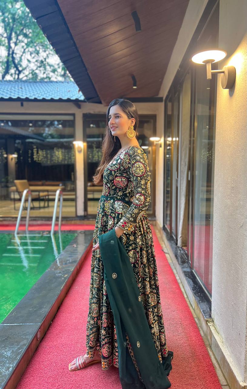Terrific Green Color Heavy Embroidery Sequence Work Gown