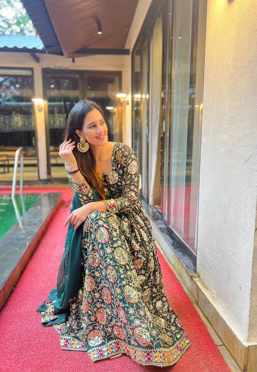 Terrific Green Color Heavy Embroidery Sequence Work Gown