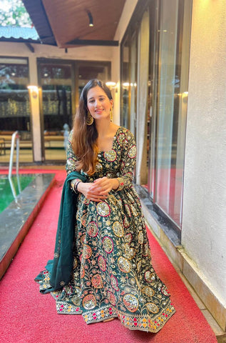 Terrific Green Color Heavy Embroidery Sequence Work Gown