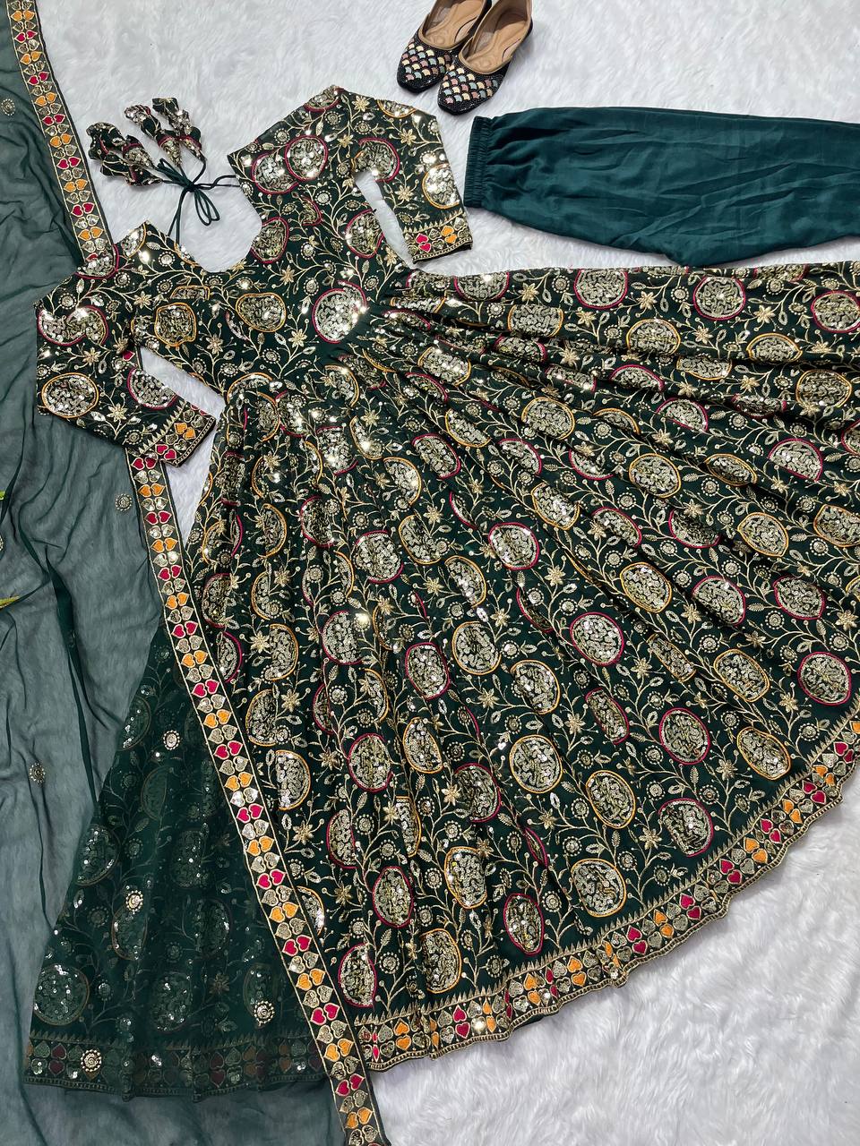 Terrific Green Color Heavy Embroidery Sequence Work Gown