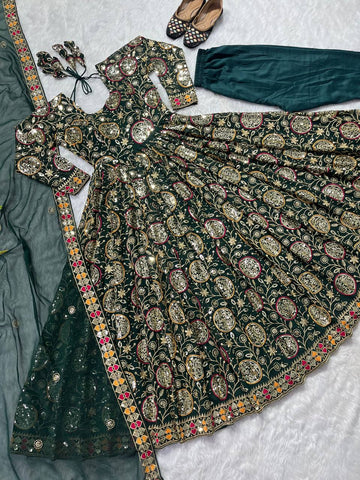Terrific Green Color Heavy Embroidery Sequence Work Gown
