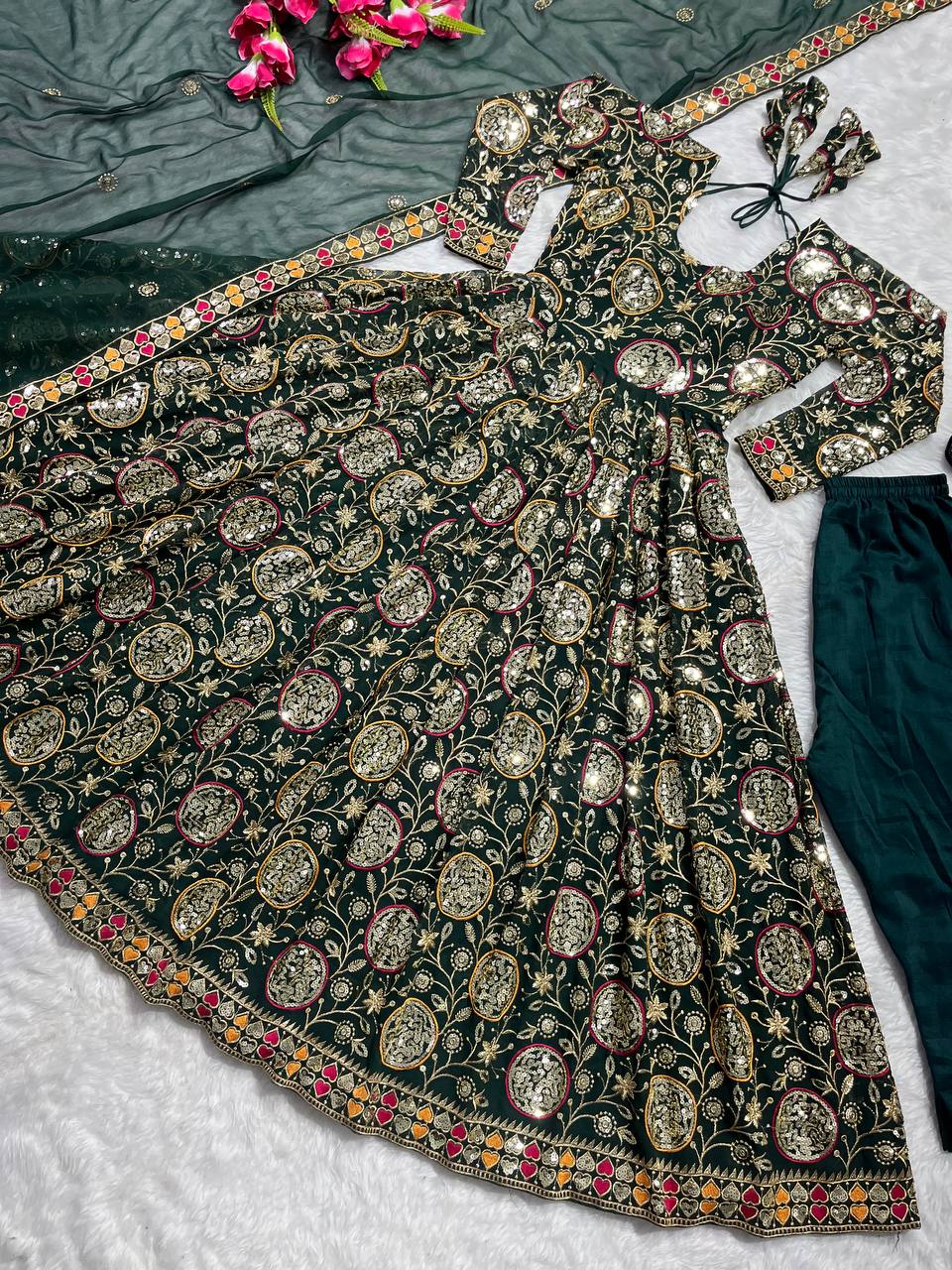 Terrific Green Color Heavy Embroidery Sequence Work Gown