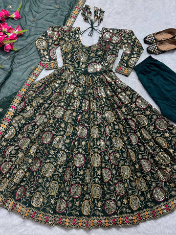 Terrific Green Color Heavy Embroidery Sequence Work Gown