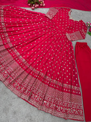 Elegant Dark Pink Color Embroidery Work Anarkali Gown