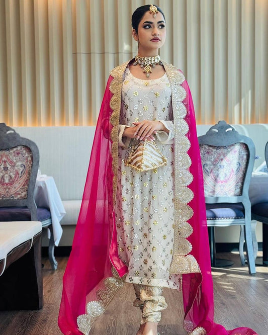 White Color Embroidered Salwar Suit With Pink Dupatta