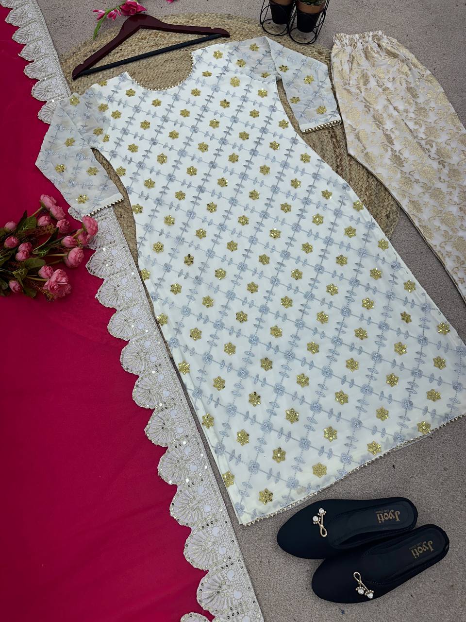 White Color Embroidered Salwar Suit With Pink Dupatta