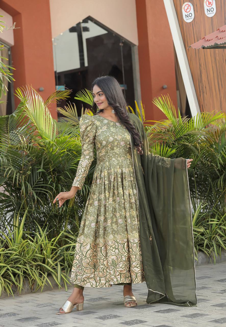 Glorious Mehendi Color Multi Sequence Work Anarkali Suit