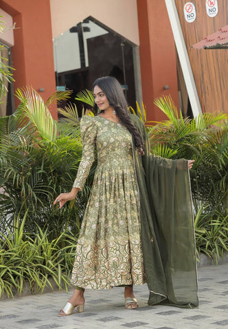 Glorious Mehendi Color Multi Sequence Work Anarkali Suit