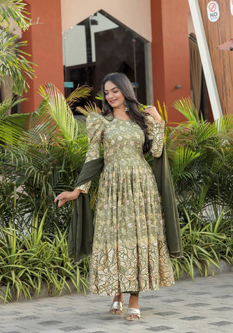 Glorious Mehendi Color Multi Sequence Work Anarkali Suit