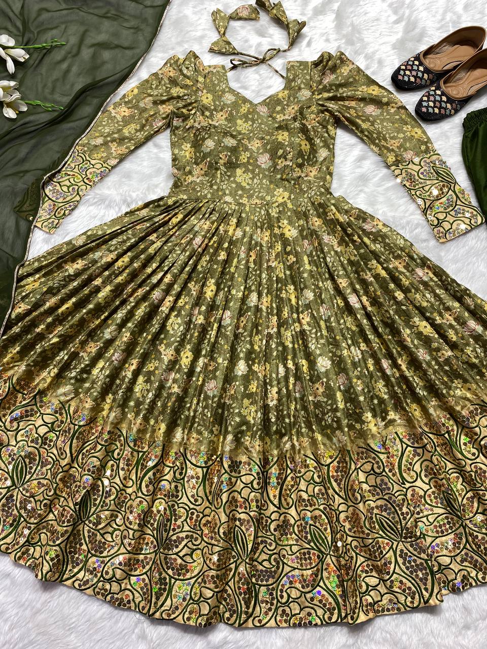 Glorious Mehendi Color Multi Sequence Work Anarkali Suit