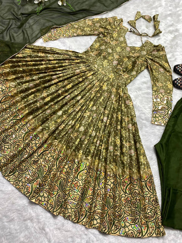 Glorious Mehendi Color Multi Sequence Work Anarkali Suit