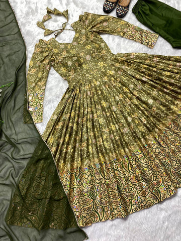 Glorious Mehendi Color Multi Sequence Work Anarkali Suit