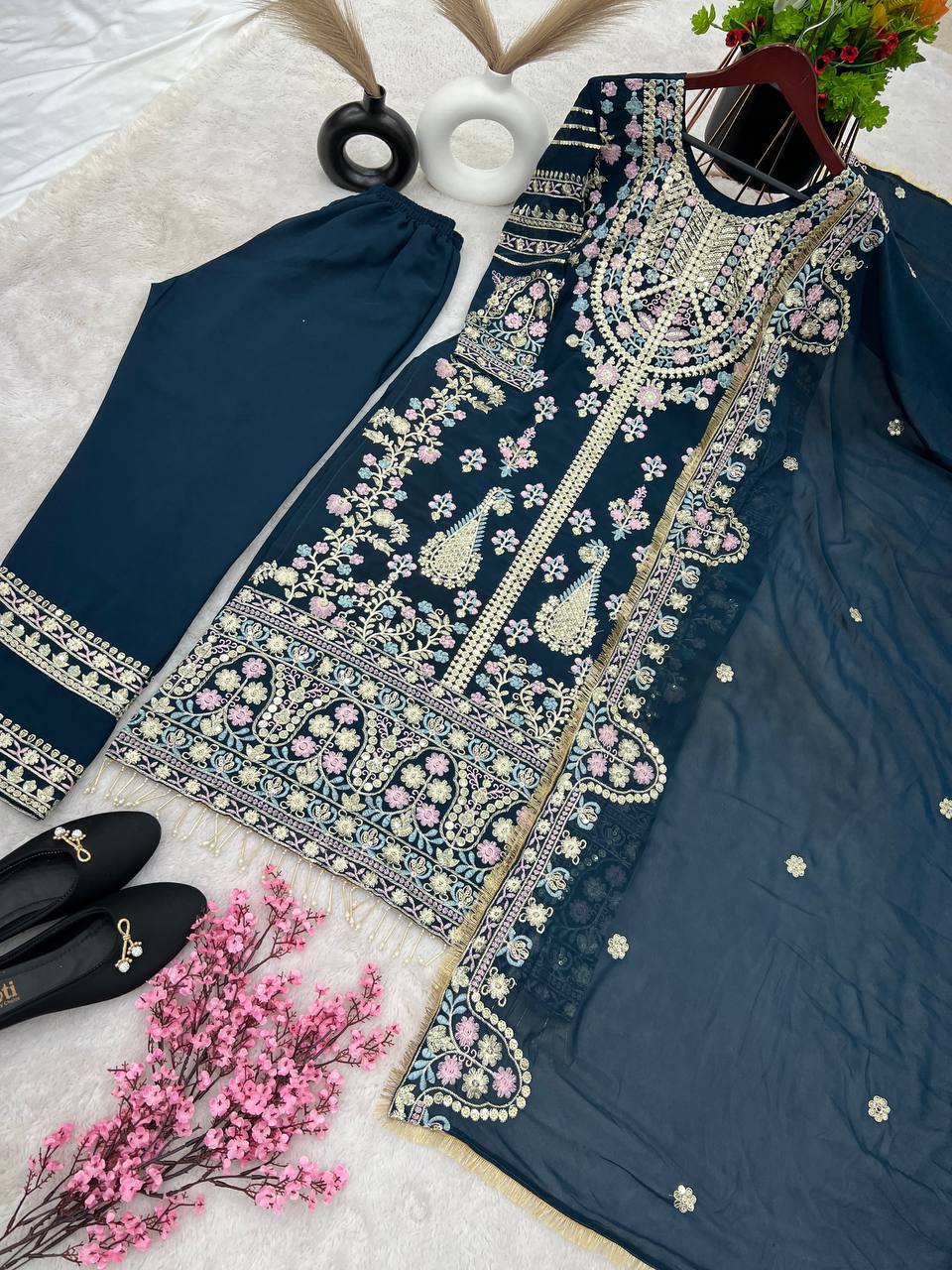 Fantastic Teal Blue Sequence Work Salwar Suit