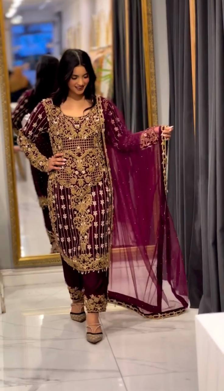 Glorious Embroidery Sequence Work Wine Color Salwar Suit