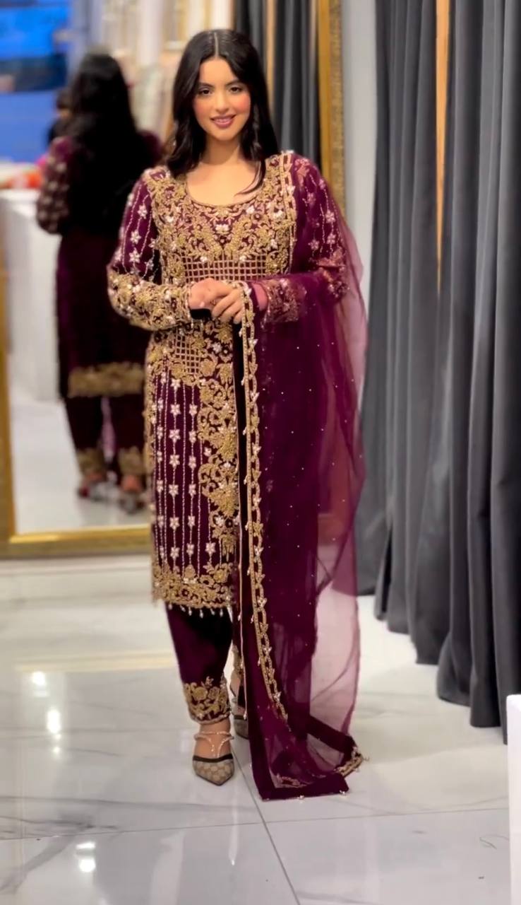 Glorious Embroidery Sequence Work Wine Color Salwar Suit