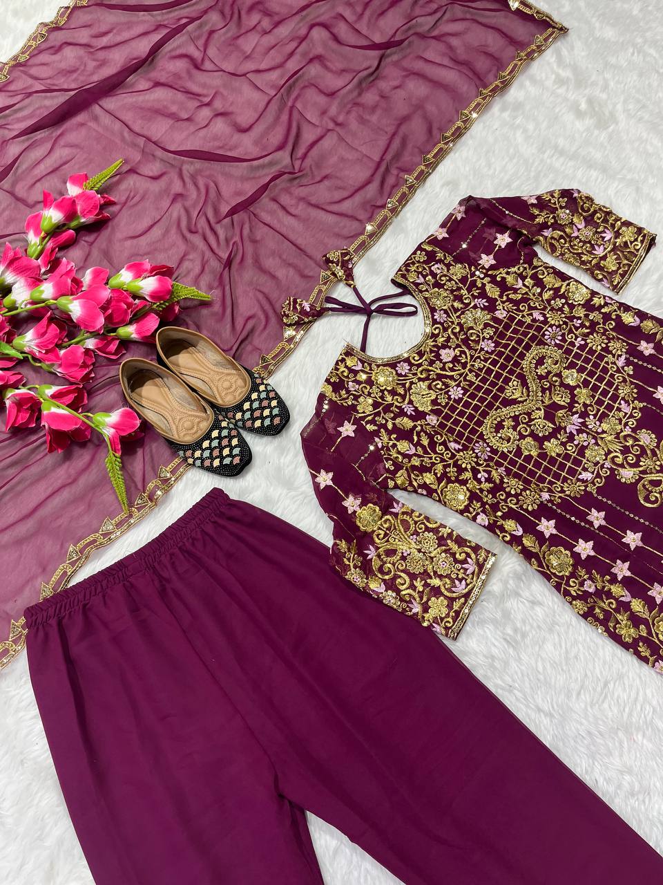 Glorious Embroidery Sequence Work Wine Color Salwar Suit