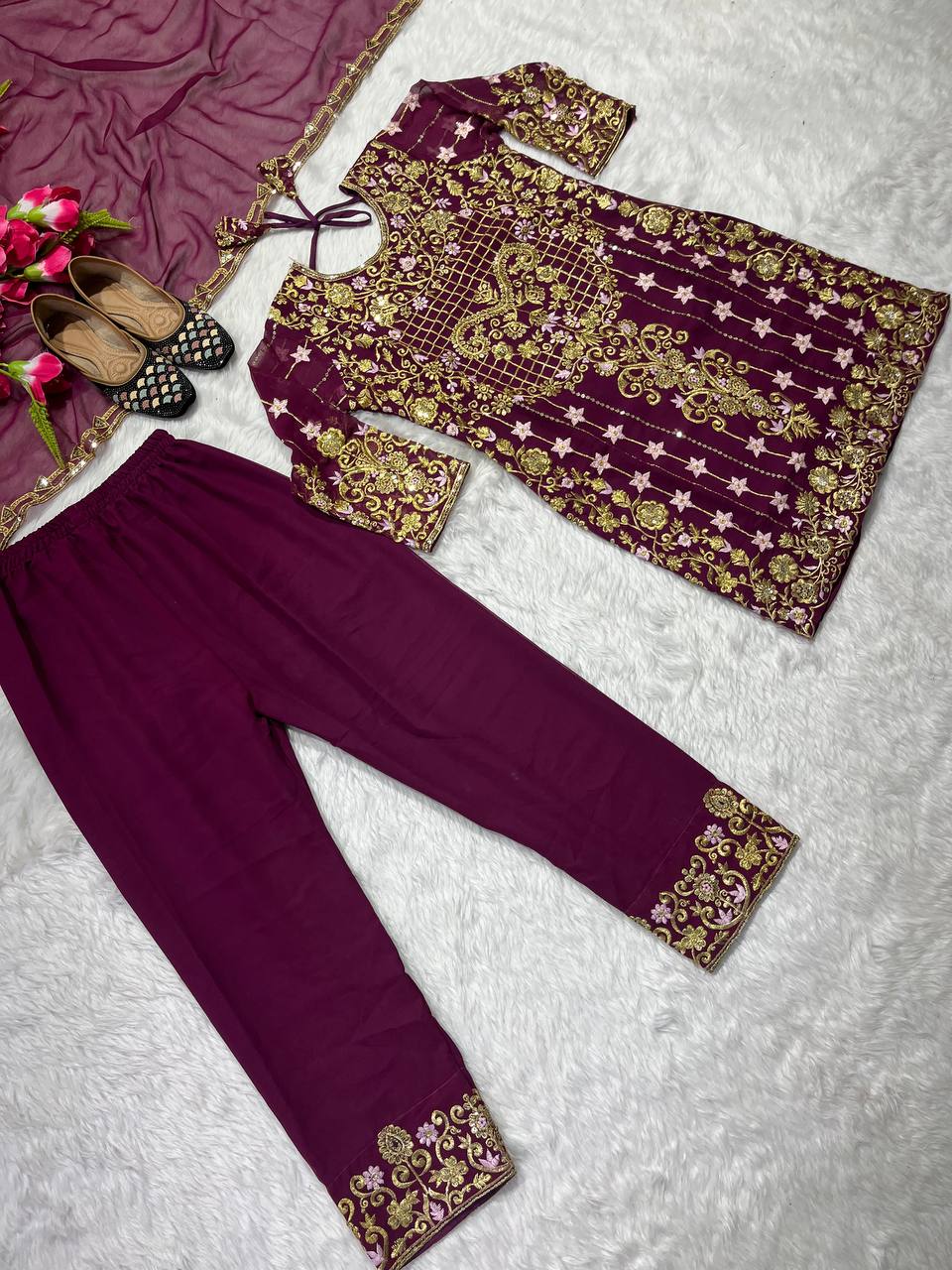 Glorious Embroidery Sequence Work Wine Color Salwar Suit