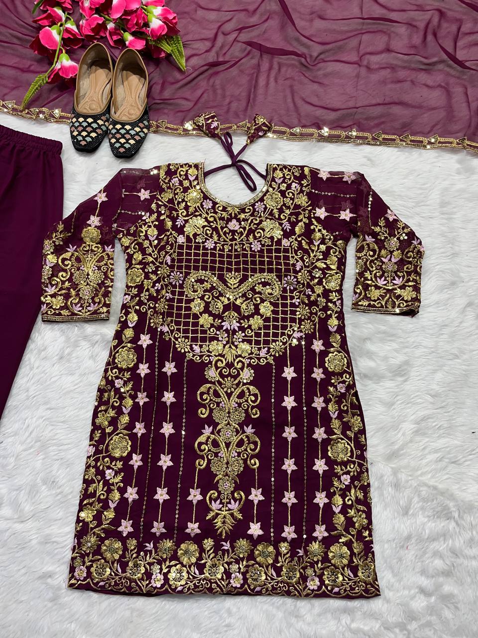 Glorious Embroidery Sequence Work Wine Color Salwar Suit