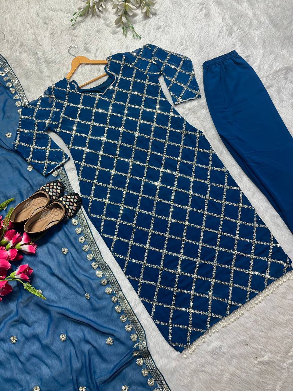 Innovative Work Blue Salwar Suit With Dupatta