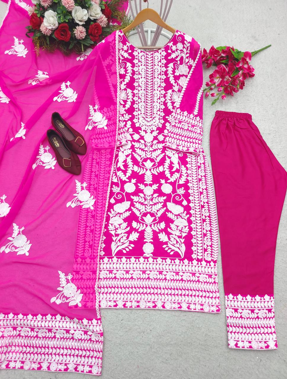 Alluring Pink Color Thread Embroidery Work Salwar Suit