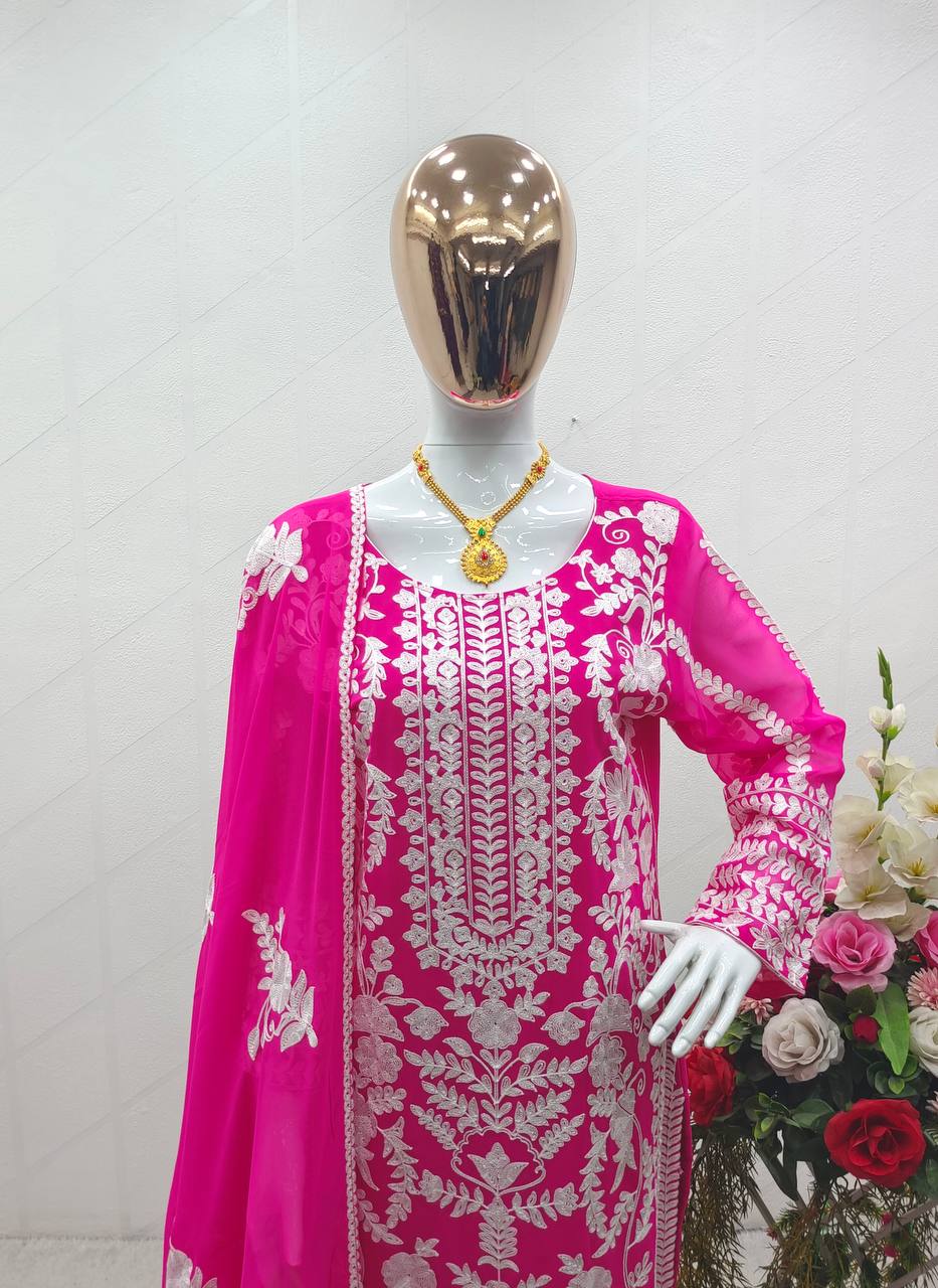 Alluring Pink Color Thread Embroidery Work Salwar Suit